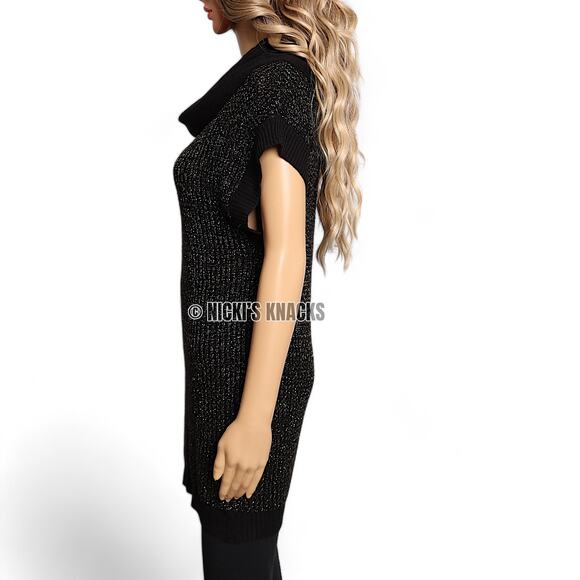 Nine West Lurex Sweater Dress Y2K Black Gold Cowl Neck Sparkle Party Mini Size S - Picture 4 of 11